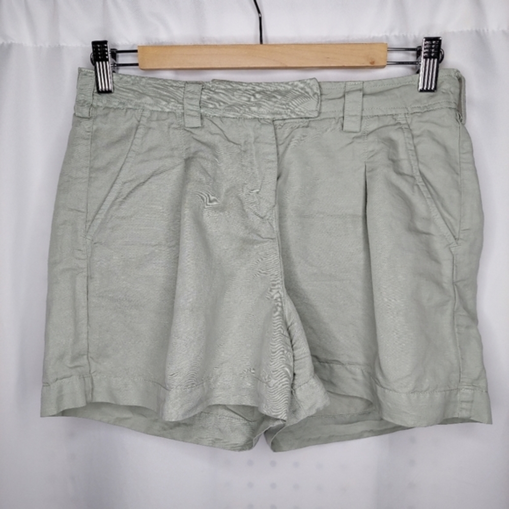 Hannes Roether Linen Cotton‎ Shorts Women XS Green Shortie Pleated Slash Pockets
